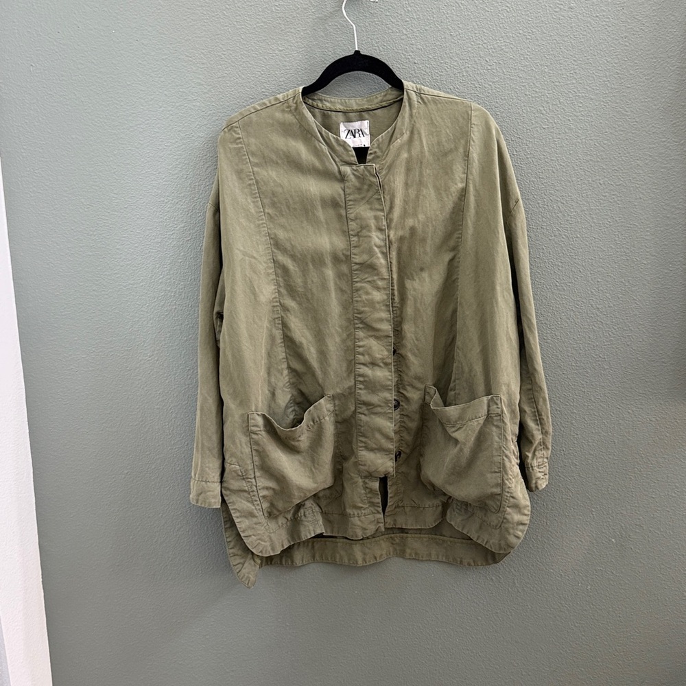 Zara Army Jacket Button Down Pockets Lightweight … - image 2